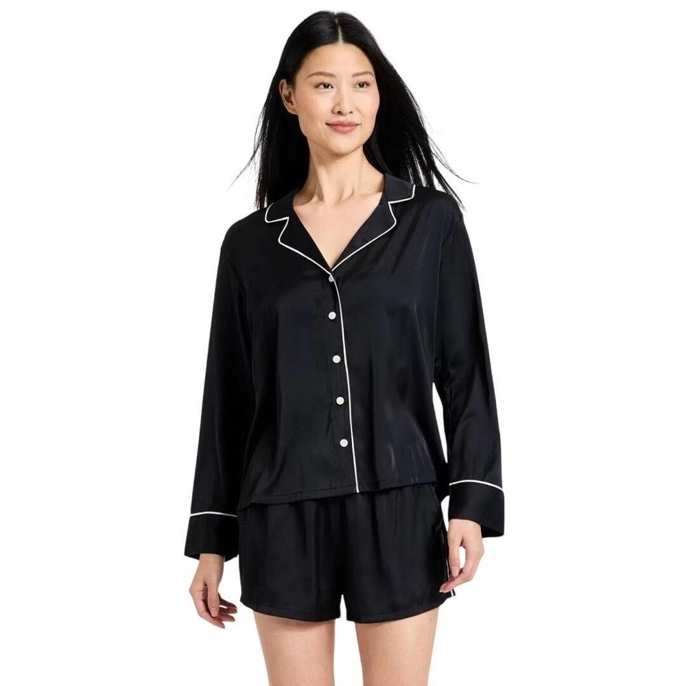 Auden Women's Navy Blue Luxe Satin Long Sleeve Shorts Pajama Set Size L